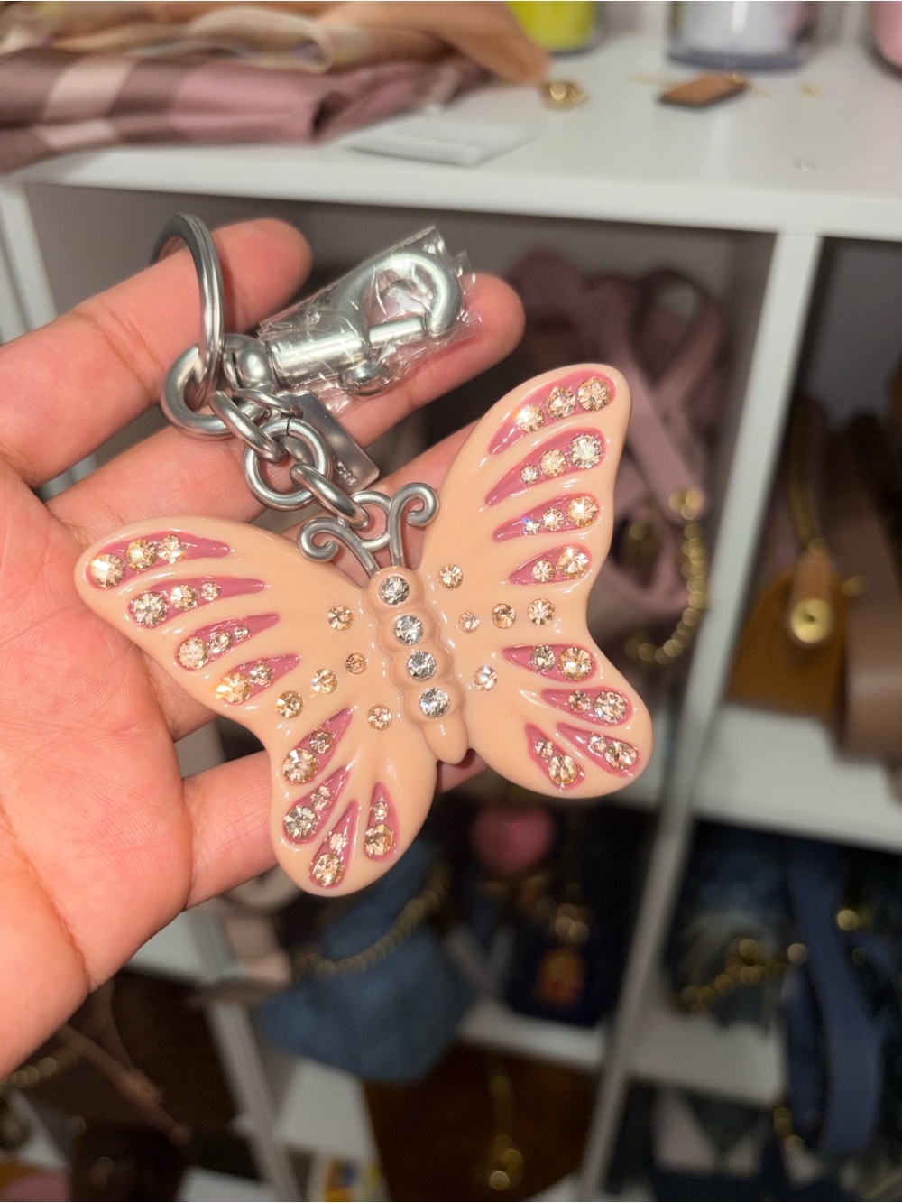 Coach Pink Crystal Butterfly Keychain Bag Charm